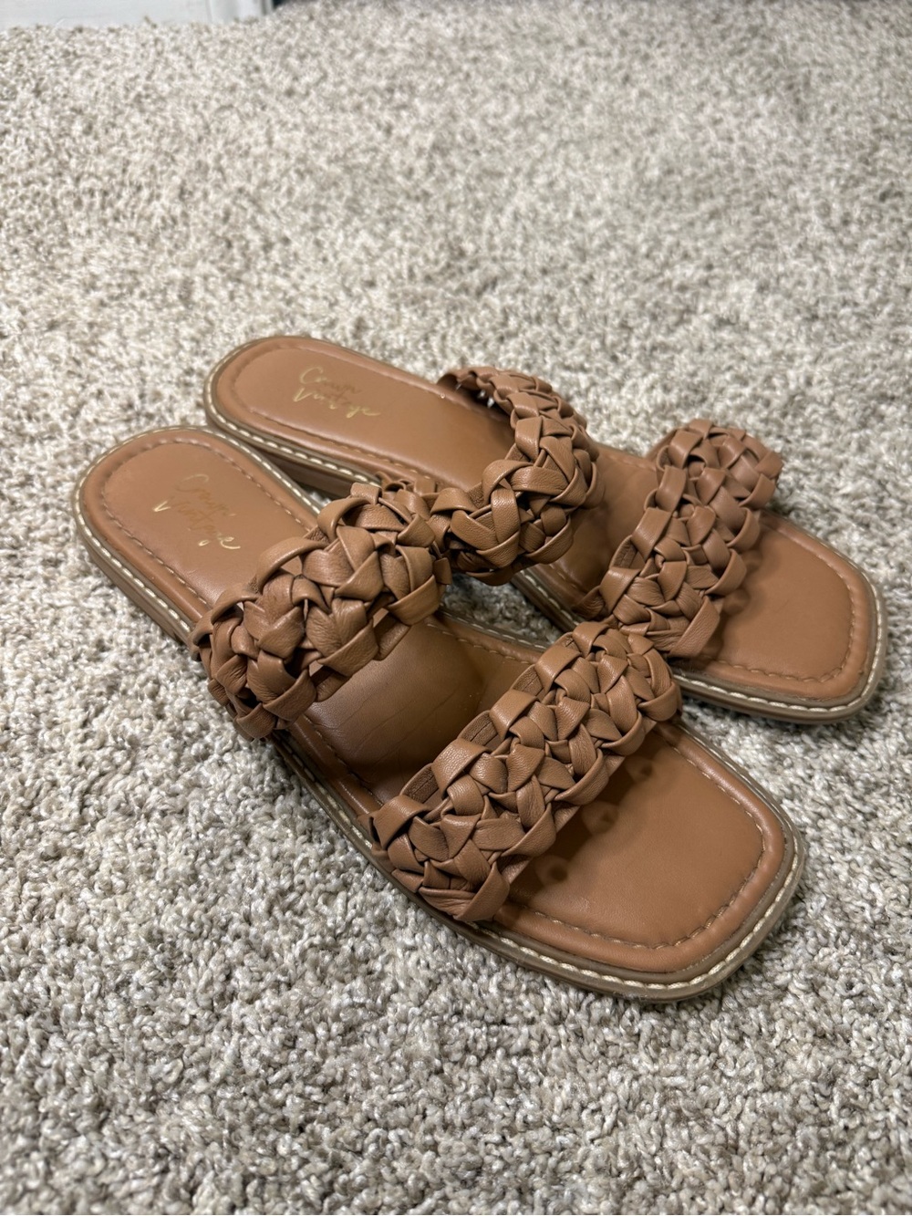 Crown Vintage Woven Double Strap Slide Sandals Cognac Size 10